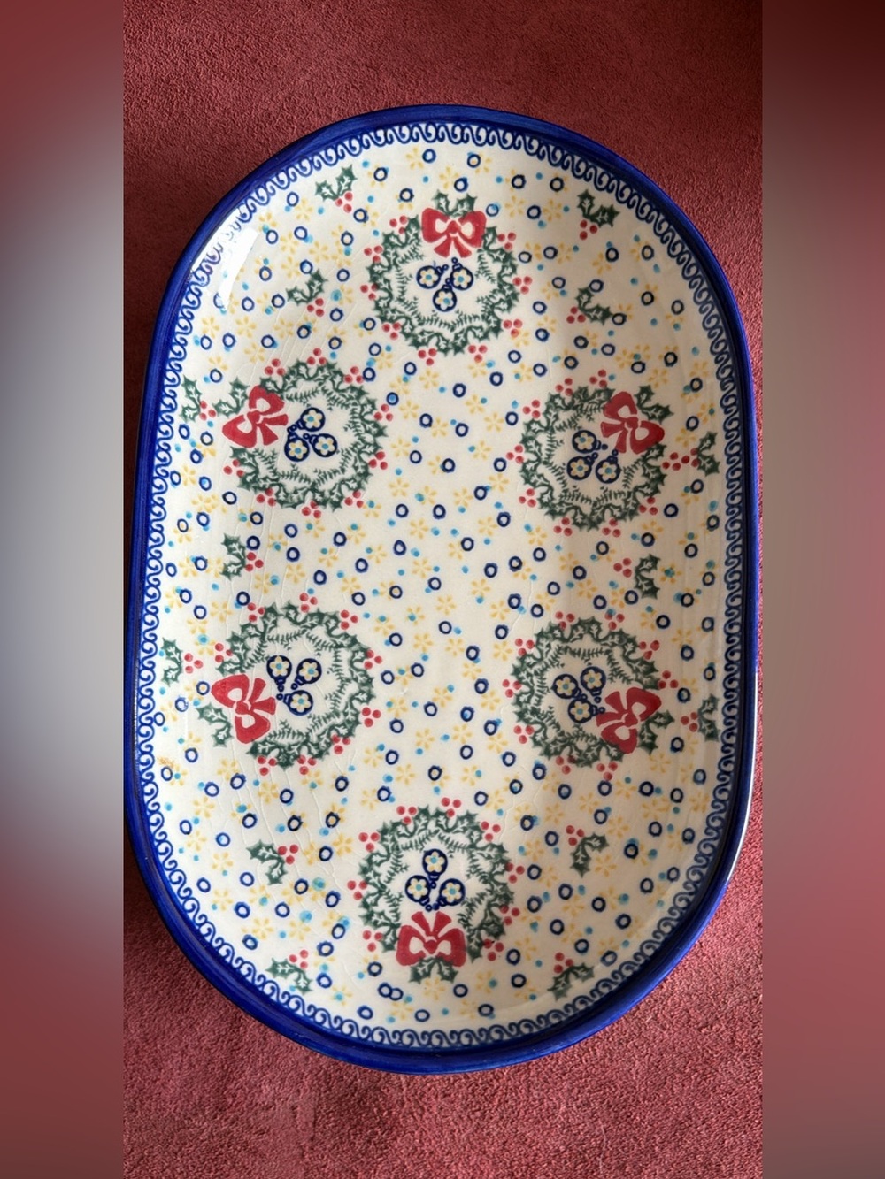 SIGNED Vena Polish Pottery Unikat Christmas Wreath Oval Platter